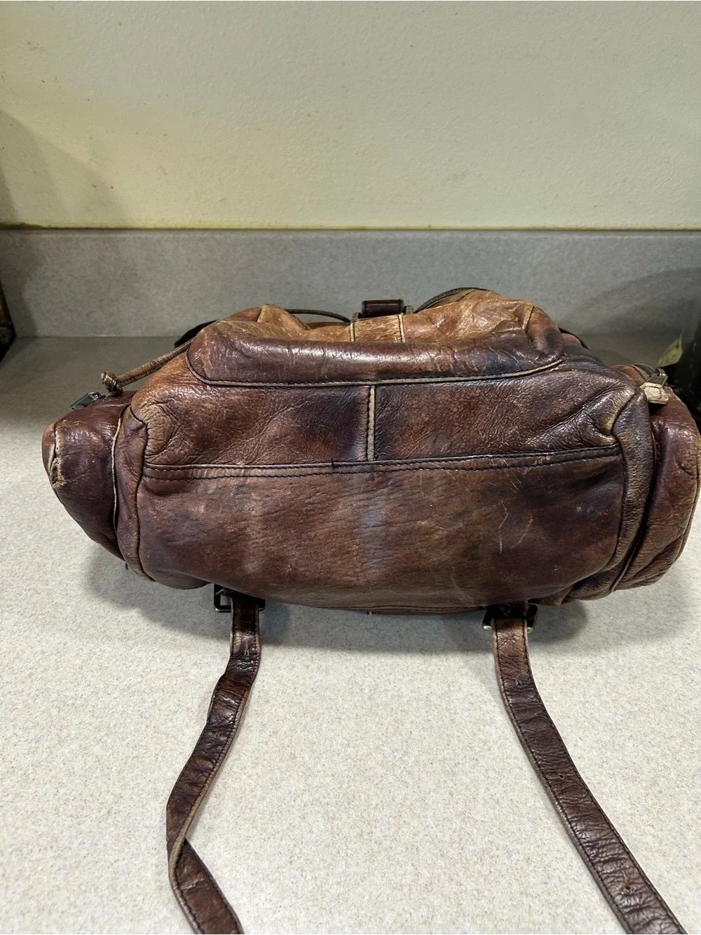 Vintage Brown Worn Weathered Distressed Leather Knapsack Backpack Size Medium